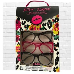 Betsey Johnson 3 Set Reading Cat Eye Glasses 2.50 Black Pink Tortoise Shell Set